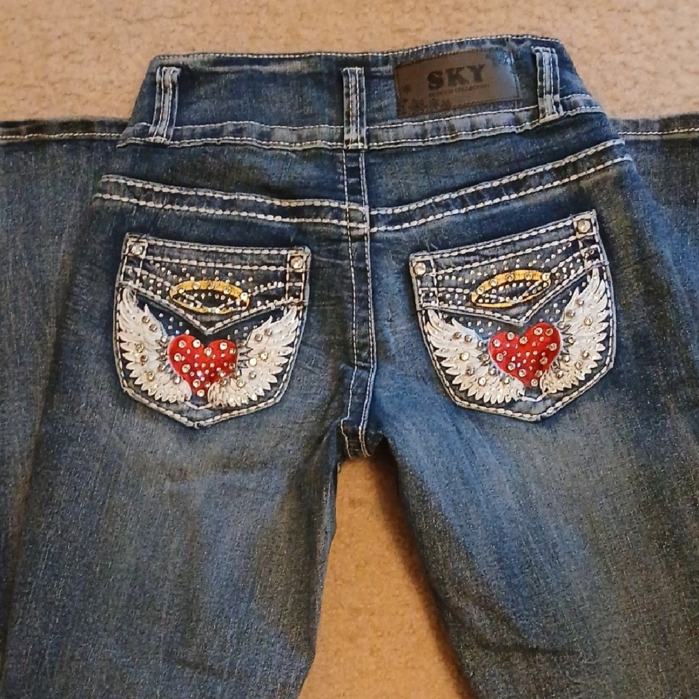 Sky High Rise Blue Jeans with White Stitching - Picture 2 of 2